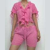 Short sleeve ruffle knitted drawstring ruched pant set-final-sale