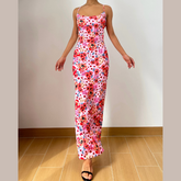 Cross back self tie flower print cami maxi dress