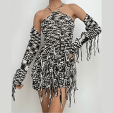 Long sleeve knitted tassels cross back contrast mini dress-final-sale