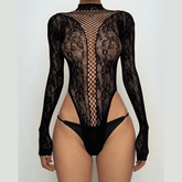 Long sleeve high neck backless lace fishnet bodysuit