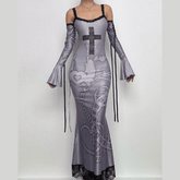 Long flared sleeve off shoulder cross print lace cami maxi dress-final-sale