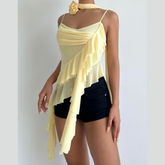 Flower applique ruffle mesh cami top