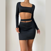 Long sleeve hollow out square neck self tie cut out mini dress
