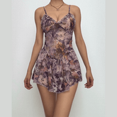Flower print backless ruffle cami mini dress