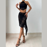 Lace see through halter self tie mini skirt set