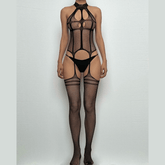 High neck fishnet suspender strappy bodystocking