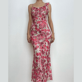 Sheer mesh see through irregular flower print ruffle maxi dress-final-sale