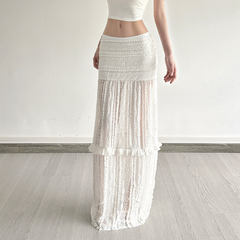 Lace ruffle solid hollow out cut out maxi skirt