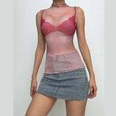 Crewneck sheer mesh print sleeveless contrast top