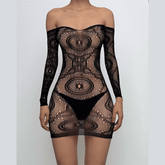 Long sleeve sheer lace solid mini dress