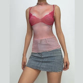Crewneck sheer mesh print sleeveless contrast top-final-sale