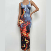 Body print sleeveless contrast backless u neck midi dress-final-sale