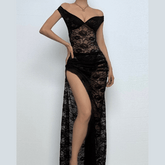 Off shoulder lace backless see through maxi skirt set