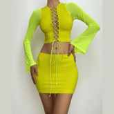 Long sleeve hollow out lace up mesh mini skirt set-final-sale