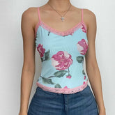 Lace hem flower print v neck contrast mesh top-final-sale