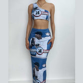 One shoulder irregular sleeveless contrast print slit maxi skirt set-final-sale