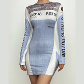 Contrast print long sleeve crewneck mini dress-final-sale