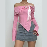 Irregular off shoulder bowknot ribbon long sleeve top