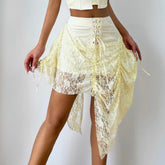 Lace up ruched lace irregular A line mini skirt