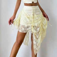 Lace up ruched lace irregular A line mini skirt