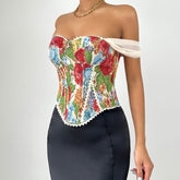 Off shoulder flower pattern lace up bustier top