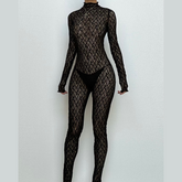 Long sleeve lace high neck zip-up see through jumpsuit