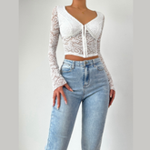 V neck button long sleeve lace top