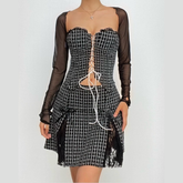 Long sleeve mesh plaid bowknot lace up shrug 2 piece mini dress-final-sale