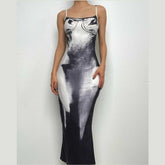 Square neck contrast print backless slit cami maxi dress-final-sale