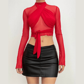 Long sleeve high neck cross front mesh ruched ruffle top