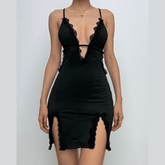 Deep v neck cross front lace hem backless cami mini dress