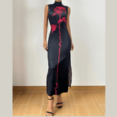 Sleeveless high neck slit flower print backless maxi dress