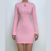 Crewneck long sleeve beaded backless mini dress-final-sale