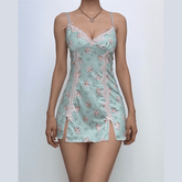 Lace hem bowknot print mesh slit cami mini dress