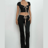 Contrast self tie v neck short sleeve low rise pant set