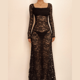 Lace see through square neck long sleeve zip-up solid maxi dress-final-sale