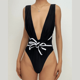 V neck sleeveless knotted contrast one piece swimwear