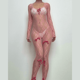 Long sleeve see through bowknot lace jumpsuit-final-sale