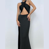 Hollow out cross front slit solid cut out maxi dress