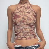 Halter button backless print ruched top