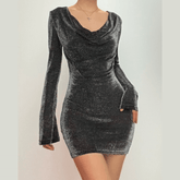 Long sleeve cowl neck ruched glitter solid mini dress-final-sale