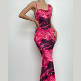 Contrast irregular cowl neck sleeveless backless maxi dress-final-sale