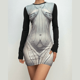 Body print contrast long sleeve round neck mini dress-final-sale