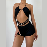 Hollow out halter self tie mesh romper