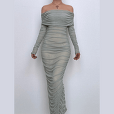 Off shoulder long sleeve slit mesh ruched maxi dress