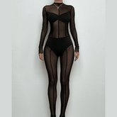Mesh patchwork zip-up solid long sleeve jumpsuit