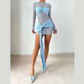 Long sleeve lace patchwork ruched mini dress