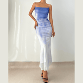 Gradient mesh ruched cami maxi dress