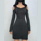 Hoodie long sleeve lace hem embroidery hollow out cut out mini dress-final-sale