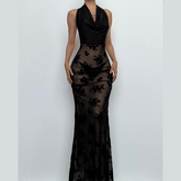 Cowl neck halter flower pattern mesh maxi dress